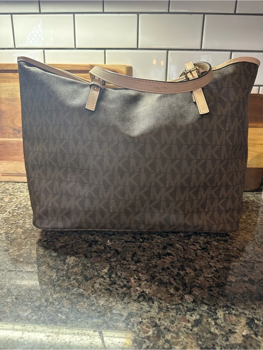 Michael Kors Brown Large Monogram Tote with Tan Trim